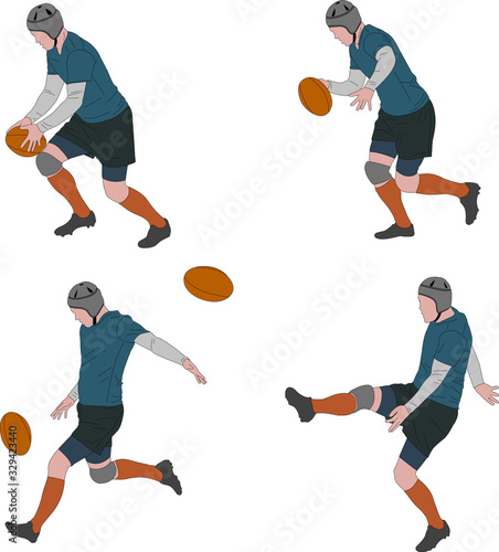 rugby player kicking ball in four steps, color illustration - vector