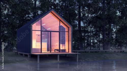 Secluded tiny house on the sandy shore of a lake with fog in a coniferous forest in the cold night light and with warm light from the Windows. Stock 3D illustration © ParamePrizma