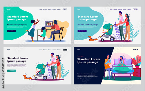 Parents spending time with kids collection. Walking with stroller, video chat, soothing baby. Flat vector illustrations. Leisure, family concept for banner, website design or landing web page