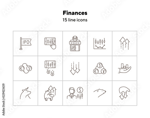 Finances line icon set. Bull, bear, profit. Stock market concept. Can be used for topics like investment, development, forex