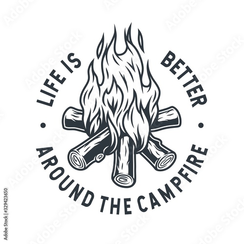 Monochrome emblem of burning campfire with flame