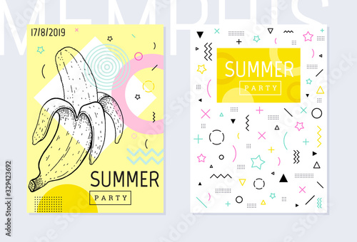 Summer party poster pattern set, geometric memphis style. Cool trendy flyer with type quote. Tropical banana fruit for travel banner, music cover, fashion print. Leaf vector illustration background