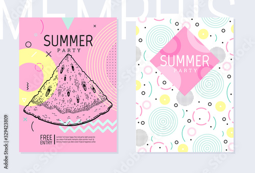 Summer party poster pattern set, geometric memphis style. Cool trendy flyer with type quote. Tropical watermelon for travel banner, music cover, fashion print. Leaf vector illustration background