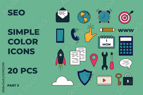SEO icons set. Simple color icons for seo, business and social media marketing
