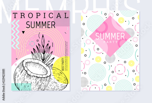 Summer party poster pattern set, geometric memphis style. Cool trendy flyer with type quote. Tropical coco drink for travel banner, music cover, fashion print. Coconut vector illustration background