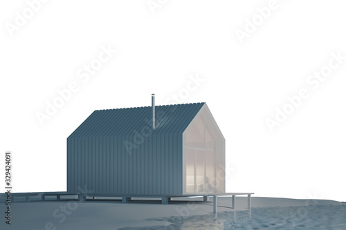 The project of a modern small cottage house in Scandinavian eco-friendly Northern style with a high roof on the lake in white materials with night lighting on a white background, 3D illustration. © ParamePrizma