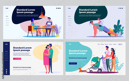 Young family stages collection. Couple dating, expecting baby, walking with stroller. Flat vector illustrations. Leisure, family, activity concept for banner, website design or landing web page