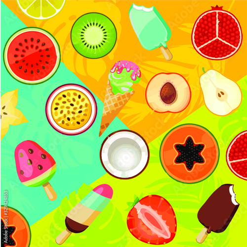 exotic fruits and ice cream on a colored background