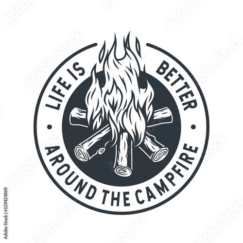Monochrome emblem of burning campfire with flame