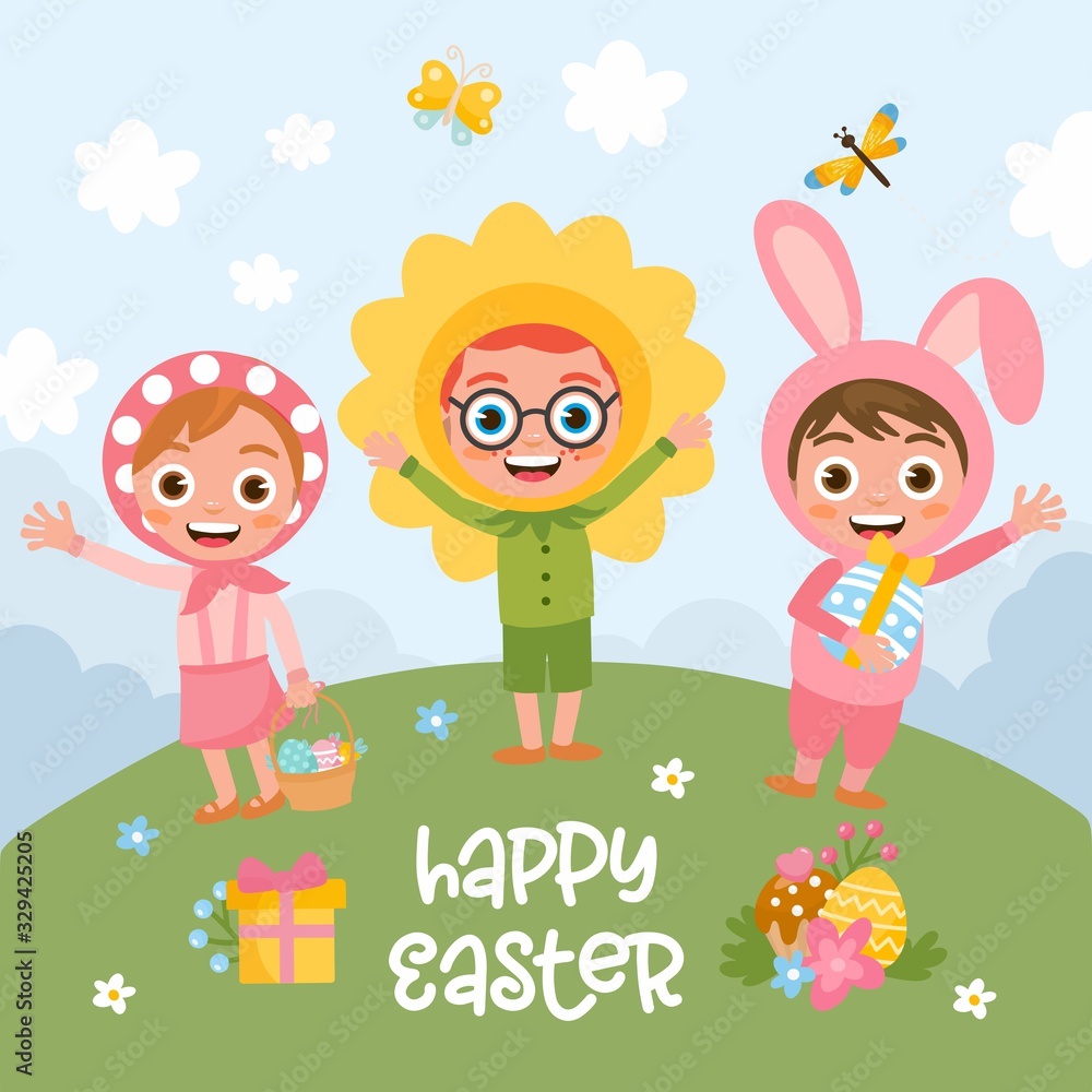 Happy Easter greeting card. Cute kids in a bright Easter costumes. Girl and boys characters. Cute bunny, happy flower. Easter illustration.