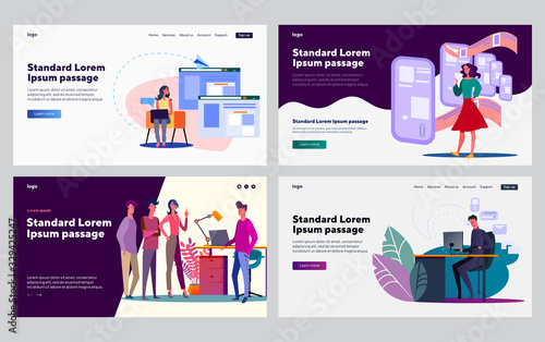 Internet occupation set. Freelancer sending email, app, hacker stealing data. Flat vector illustrations. Social media network, communication concept for banner, website design or landing web page