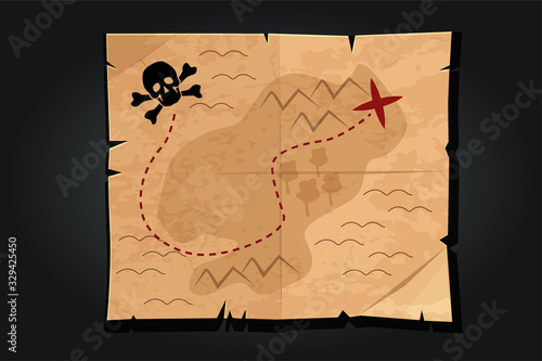 Pirate cartoon vintage paper treasure map with a skull.