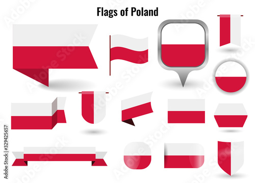 A large set of icons and signs with the flag of the Poland. Square and round Poland flag. Collection of different types of horizontal and vertical.