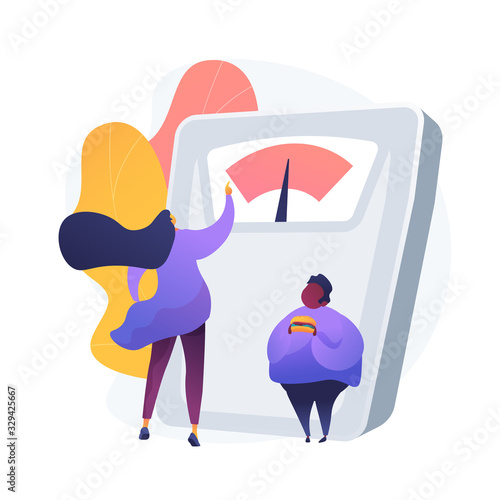 Losing weight. Female nutritionist cartoon character. Slimming, weightloss, dieting. Counting calories. Overweight man with hamburger. Vector isolated concept metaphor illustration