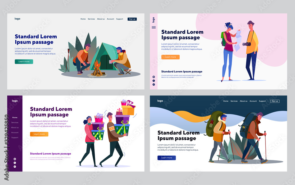 Young couple enjoying time together collection. Adventure travel, hiking, celebration. Flat vector illustrations. Leisure, activity, vacation concept for banner, website design or landing web page