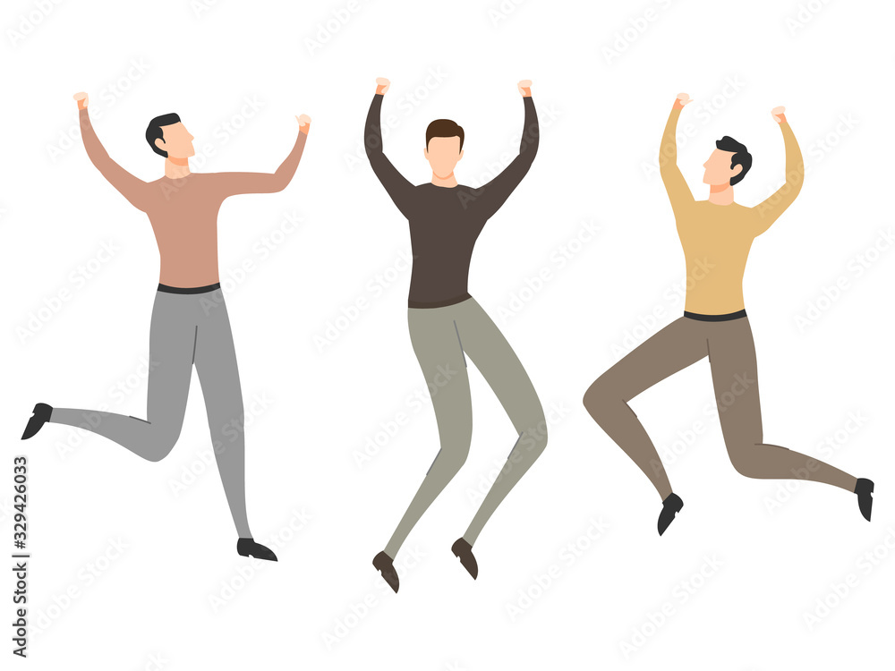 Happy jumping people flat vector illustration. Cheerful men cartoon characters set. Young male students in casual clothes isolated on white Happy jumping people flat vector illustration. Cheerful men cartoon characters set. Young male students in casual clothes isolated on white