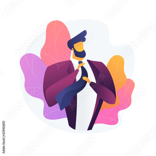 Men style and fashion. Male clothes, elegant apparel, stylish accessories. Handsome man wearing luxury jacket. Bearded macho fixing tie. Vector isolated concept metaphor illustration