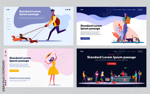 Shopping and pets set. People buying food in supermarket, keeping pets, walking. Flat vector illustrations. Leisure, lifestyle, animal care concept for banner, website design or landing web page