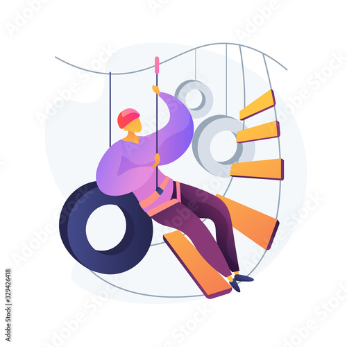 Adventure park. Canopy tour. Man in harness and helmet for safety. High zipline, rope climbing, clambering ladder. Extreme sport activity. Vector isolated concept metaphor illustration.