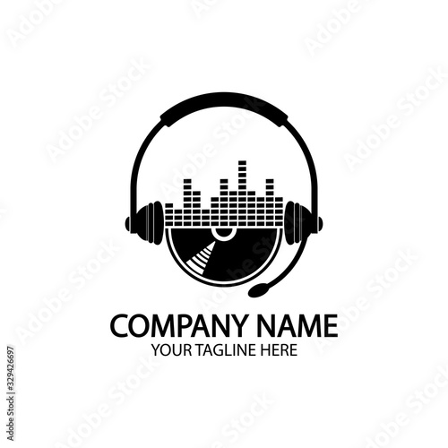 Headphones with microphone and sound waves beats, concept of radio station logo, dj disco symbol, broadcasting studio label, customer support emblem flat back icon, modern design vector illustration