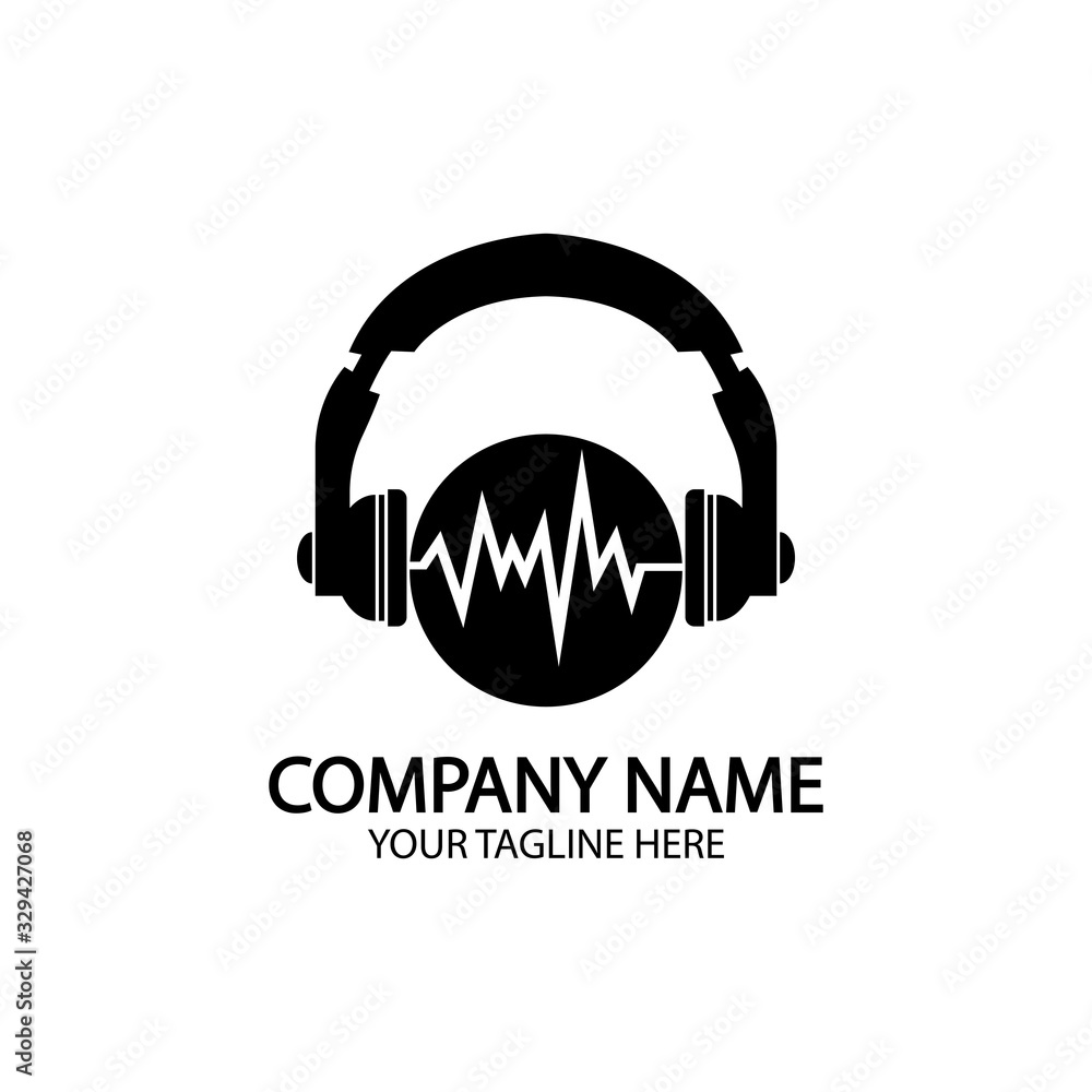 Headphones with microphone and sound waves beats, concept of radio station logo, dj disco symbol, broadcasting studio label, customer support emblem flat back icon, modern design vector illustration Headphones with microphone and sound waves beats, concept of radio station logo, dj disco symbol, broadcasting studio label, customer support emblem flat back icon, modern design vector illustration
