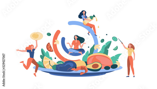 Young women presenting high fat foods, salmon, olive oil, avocado, eggs, vegetable. Girls keeping keto diet. Vector illustration for nutrition, ketones, health, weight loss concept