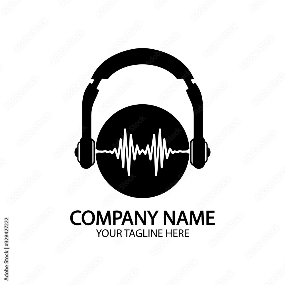 Headphones with microphone and sound waves beats, concept of radio station logo, dj disco symbol, broadcasting studio label, customer support emblem flat back icon, modern design vector illustration Headphones with microphone and sound waves beats, concept of radio station logo, dj disco symbol, broadcasting studio label, customer support emblem flat back icon, modern design vector illustration