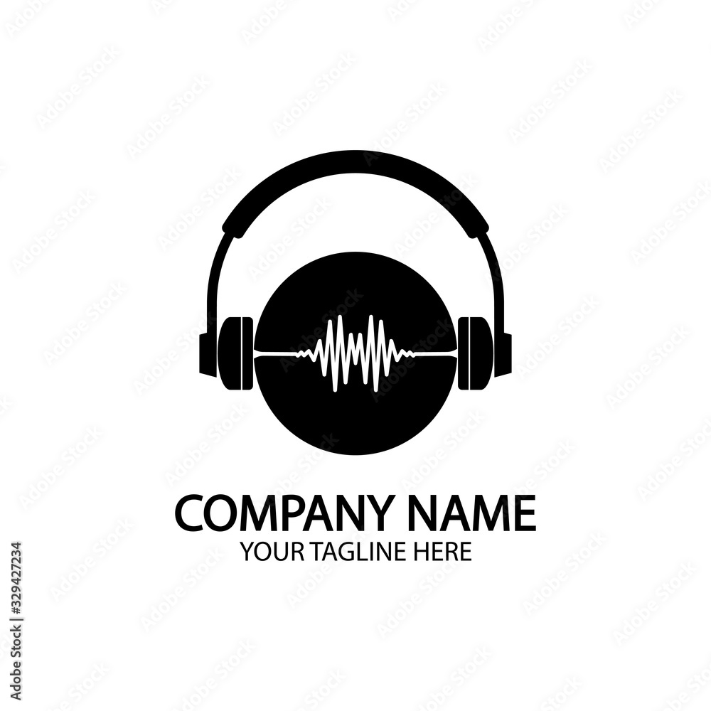 Headphones with microphone and sound waves beats, concept of radio station logo, dj disco symbol, broadcasting studio label, customer support emblem flat back icon, modern design vector illustration Headphones with microphone and sound waves beats, concept of radio station logo, dj disco symbol, broadcasting studio label, customer support emblem flat back icon, modern design vector illustration