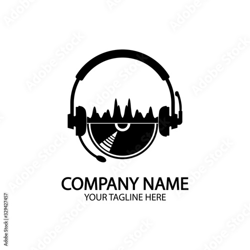 Headphones with microphone and sound waves beats, concept of radio station logo, dj disco symbol, broadcasting studio label, customer support emblem flat back icon, modern design vector illustration