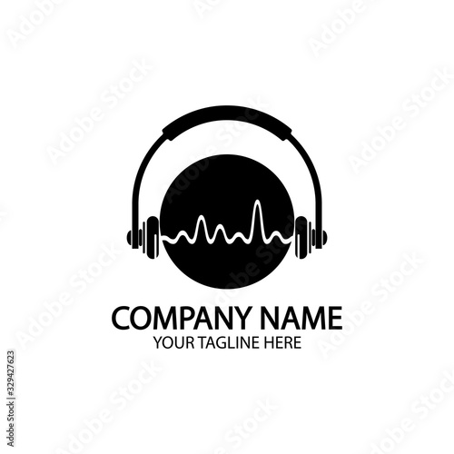 Headphones with microphone and sound waves beats, concept of radio station logo, dj disco symbol, broadcasting studio label, customer support emblem flat back icon, modern design vector illustration