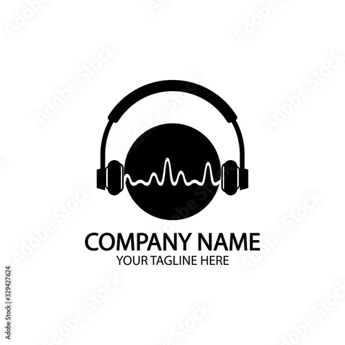 Headphones with microphone and sound waves beats, concept of radio station logo, dj disco symbol, broadcasting studio label, customer support emblem flat back icon, modern design vector illustration