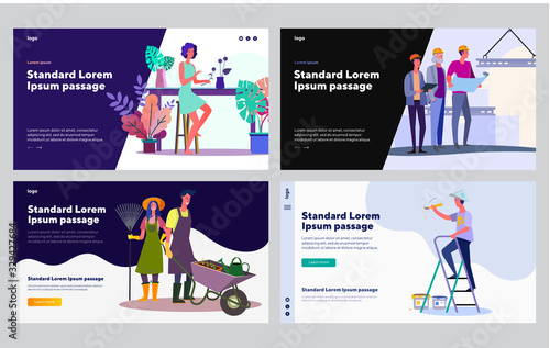 Garden and building professionals set. Florist arranging flowers, painter painting wall. Flat vector illustrations. Work, job, occupation concept for banner, website design or landing web page