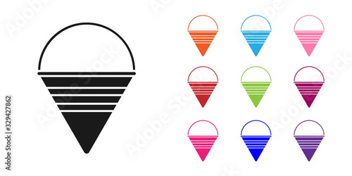 Black Fire cone bucket icon isolated on white background. Metal cone bucket empty or with water for fire fighting. Set icons colorful. Vector Illustration