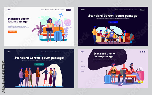 Travelers in airport set. People with luggage using gadgets, drinking beer, shaking hands. Flat vector illustrations. Vacation, leisure, trip concept for banner, website design or landing web page