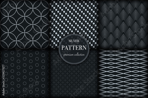 Set of 6 silver grayscale luxury geometric pattern background. Abstract line, dot retro style vector illustration for wallpaper, flyer, cover, banner, design template. minimalistic ornament, backdrop