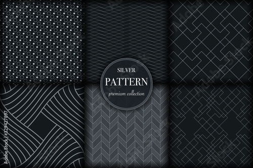 Set of 6 silver grayscale luxury geometric pattern background. Abstract line, dot retro style vector illustration for wallpaper, flyer, cover, banner, design template. minimalistic ornament, backdrop