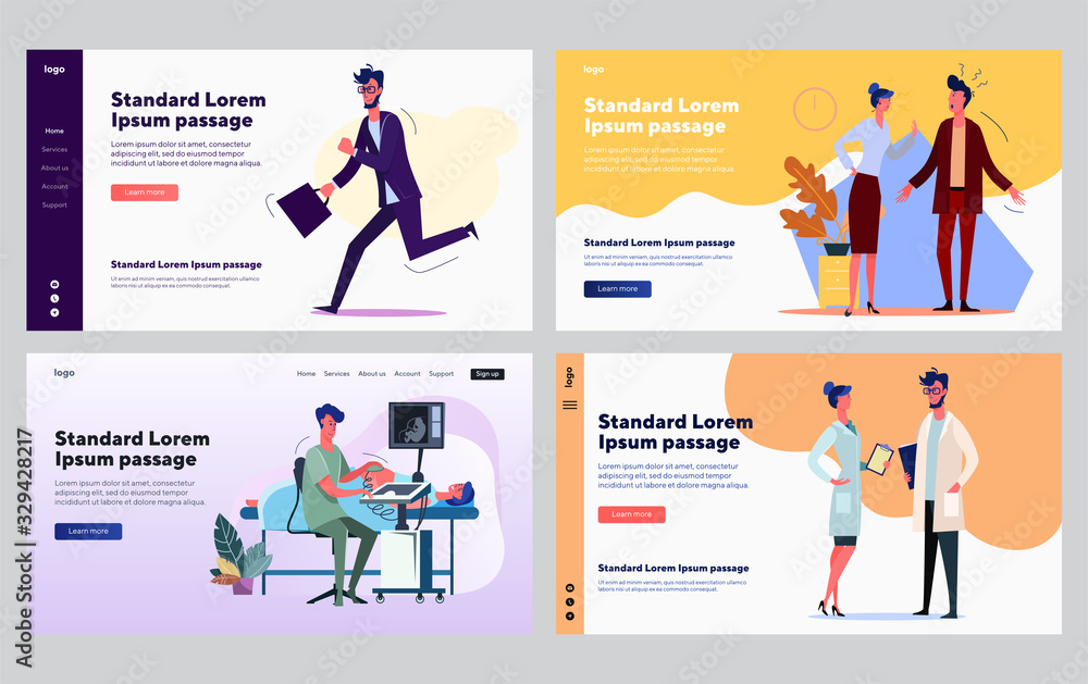 Stressful job set. Manager late, arguing with colleague, doctor examining pregnant patient. Flat vector illustrations. Work, occupation concept for banner, website design or landing web page Stressful job set. Manager late, arguing with colleague, doctor examining pregnant patient. Flat vector illustrations. Work, occupation concept for banner, website design or landing web page