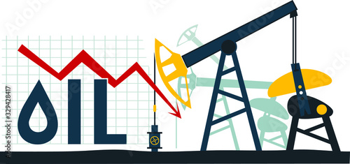 Oil production. Oil price falling down. Oil Price Drop Chart. Vector, illustration.