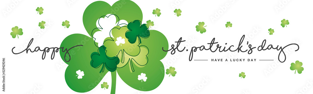 St Patricks Day handwritten typography lettering line design green clovers Lucky Day white banner St Patricks Day handwritten typography lettering line design green clovers Lucky Day white banner