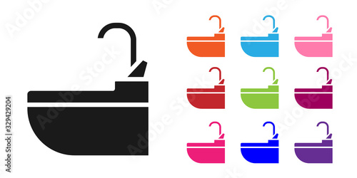 Black Washbasin with water tap icon isolated on white background. Set icons colorful. Vector Illustration