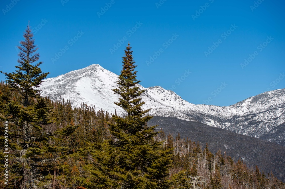 Fototapeta premium Rocky snow-capped peak with treeline in foreground