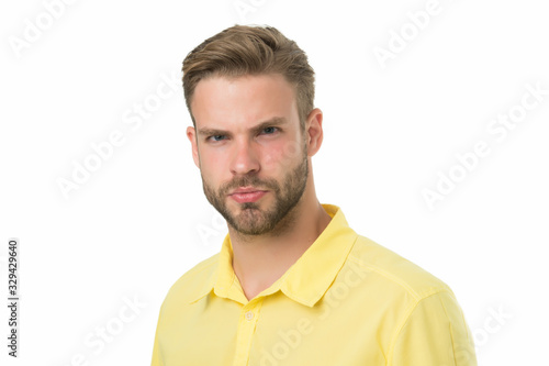 Modern beauty standards. confident young man. man with bristle isolated on white. male beauty and fashion. Handsome man posing. charismatic university student. handsome sexy man. full of charisma