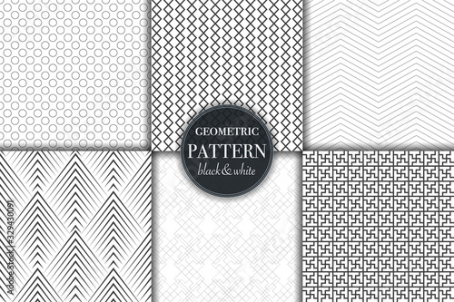 Set of 6 black and white grayscale geometric pattern background. Abstract line, dot retro style vector illustration for wallpaper, flyer, cover, banner, design template minimalistic ornament, backdrop