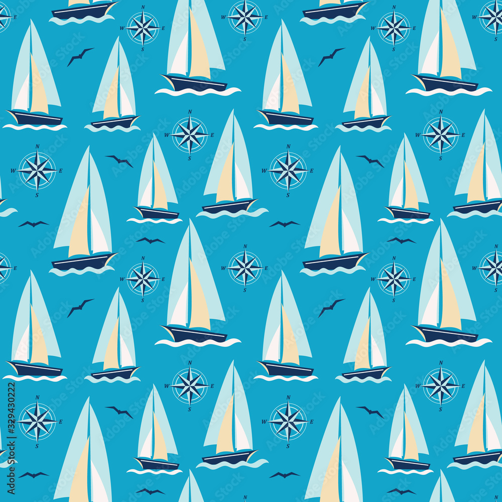 Vector pattern with sailboats compass and seagulls