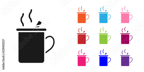Black Mulled wine with glass of drink and ingredients icon isolated on white background. Cinnamon stick, clove, lemon slice. Set icons colorful. Vector Illustration