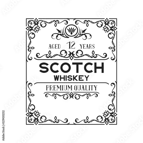 Hand drawn premium alcohol frame. Ornate scotch whiskey label for bottle or bar menu with lettering.
