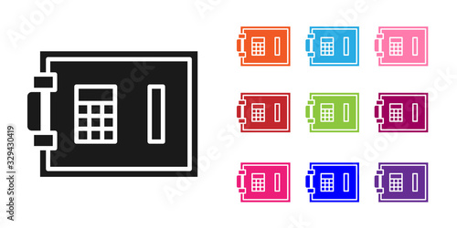 Black Safe icon isolated on white background. The door safe a bank vault with a combination lock. Reliable Data Protection. Set icons colorful. Vector Illustration