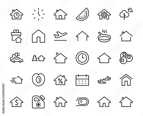 Simple set of line vector home icons. Contains house symbols at interest, infuse house and more. Editable stroke. 480x480 pixels perfect