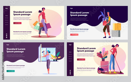Domestic chores set. Man and woman shopping, washing window, vacuuming. Flat vector illustrations. Housework, household, housekeeping concept for banner, website design or landing web page