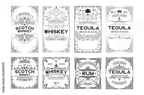 Set of scotch whiskey, tequila, rum labels. Vintage alcohol frames for bottles with lettering.